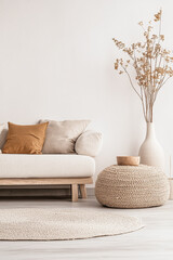 Japanese interior design composition with wabi sabi minimalist decor in warm colors. Oriental inspired interiors in neutral colors with copyspace.