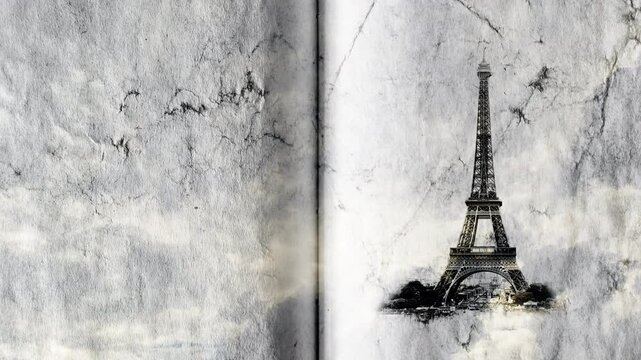 Eiffel Tower in Paris smoothly appears on old, grunge paper with time lapse of sky with clouds. Creative, combined 3D 4K parallax video of high quality. Template for a postcard or historical video.