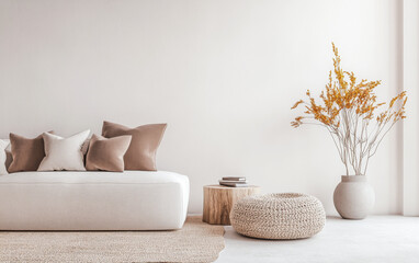 Japanese interior design composition with wabi sabi minimalist decor in warm colors. Oriental inspired interiors in neutral colors with copyspace.