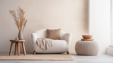 Japanese interior design composition with wabi sabi minimalist decor in warm colors. Oriental inspired interiors in neutral colors with copyspace.