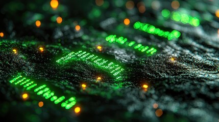Digital binary code data streaming on a dark, greenish abstract background, reflecting the concept of technology