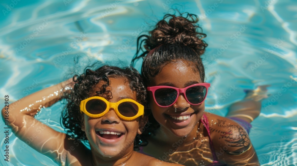 Wall mural mother and daughter enjoy a summer afternoon in a swimming pool, both wearing sunglasses and smiling