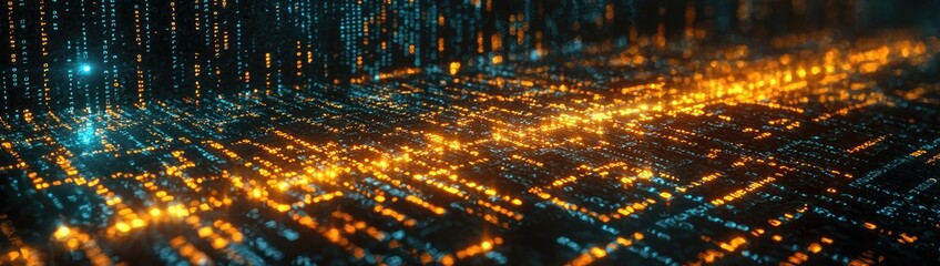 Digital binary code data streaming on a dark, greenish abstract background, reflecting the concept of technology