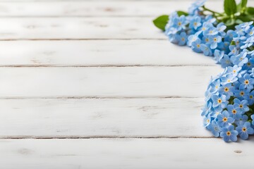 Forget me not flowers on white wooden table, Ai Generated