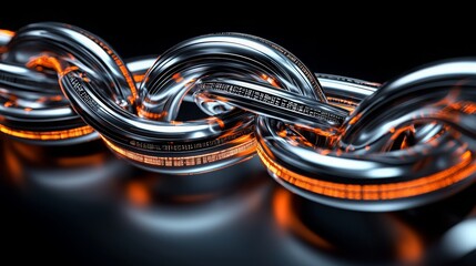 Close-up view of a shiny metal chain with glowing effects, highlighting strength and connection in industrial design and technology themes.