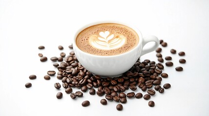 Obraz premium A cup of coffee with latte art and coffee beans scattered around it.