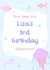 Invitation for under the sea third birthday party in flat cute style. Underwater style invitation for kids party in soft colors with fish, bubbles and jellyfish. Marine life postcard children concept 