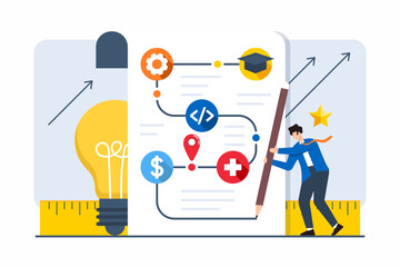 Flat illustration of professional drawing career road map with various branching paths and milestones