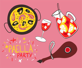 Traditional dinner in Spain, sangria in a jug with fruit, pan seafood paella, jamon national dishes and drinks. Mediterranean dinner. Vector illustration set of elements in doodle style drawn by hand