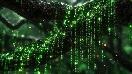 Digital binary code data streaming on a dark, greenish abstract background, reflecting the concept of technology 