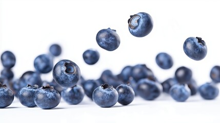 A collection of blueberries floating in mid-air, showcasing their vibrant color and texture.