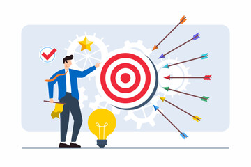 Flat illustration of professional setting goals on target with arrows coming from different directions to career achievements