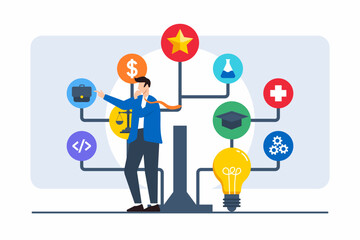 Flat illustration of businessman examining decision tree with various career options and paths