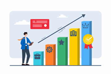 Flat illustration of individual charting course through different career stages with directional arrows