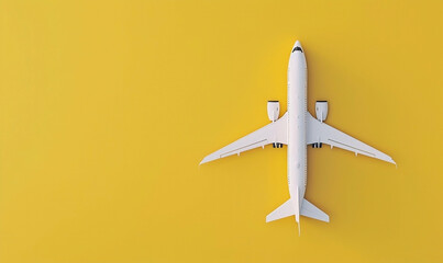 White Airplane on Yellow Background - Top View Travel Concept