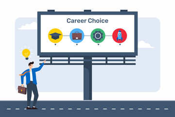 Flat illustration of businessman choosing different career choices in digital display board on road for advancement exploring future pathways
