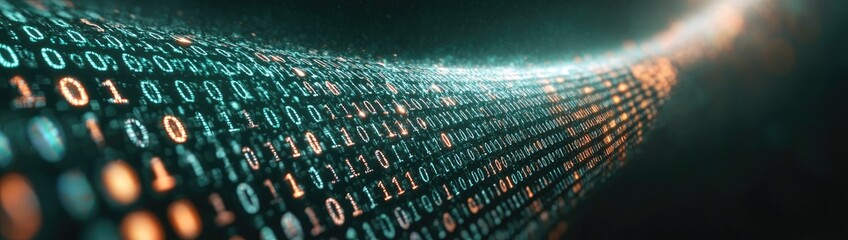 Digital binary code data streaming on a dark, greenish abstract background, reflecting the concept of technology 