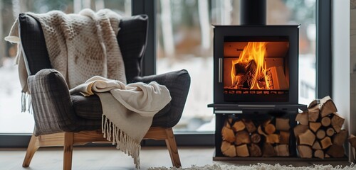 Fire in contemporary stove, wood logs rack next to it, warm winter nights.