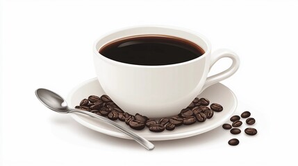 A white cup of black coffee with coffee beans and a spoon on a white saucer on a white background.