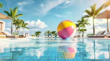 Summer holidays background with colorful beach ball floating on luxury swimming pool and copy space