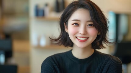 salon photo, hair model, korean pretty female, 20-year-old, 4K, real photo, front view, with smile, 50mm,
