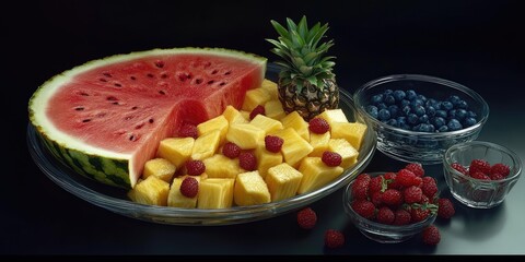 Delicious and Vibrant Fruit Platter Featuring Watermelon, Pineapple, Blueberries, and Raspberries