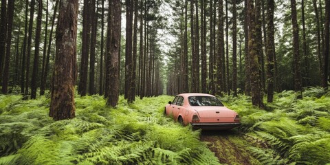 Vintage Car Driving Through Serene Forest Landscape Surrounded by Dense Greenery and Ferns