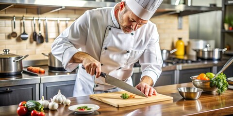 Carefully honing high-carbon stainless steel chef's knife on wooden cutting board, sharpening steel rod and kitchen utensils in background.