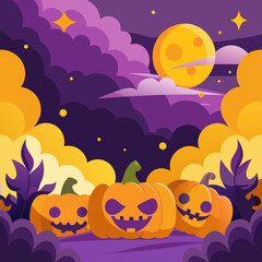 Fototapeta premium Happy Halloween square banner background with violet fog clouds, a full moon, a bat, a grave, and pumpkins.
