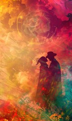 Vibrant Minimalist Digital Art of Silhouetted Couple in Abstract Colorful Background