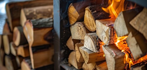 Fire in sleek burning stove, wood logs rack adjacent, cozy winter heating.