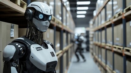 A white robot with glowing blue eyes stands in a warehouse with rows of shelves.