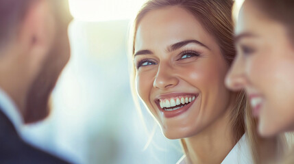 Obraz premium A group of business people mingling at a conference, laughing and having fun working together 