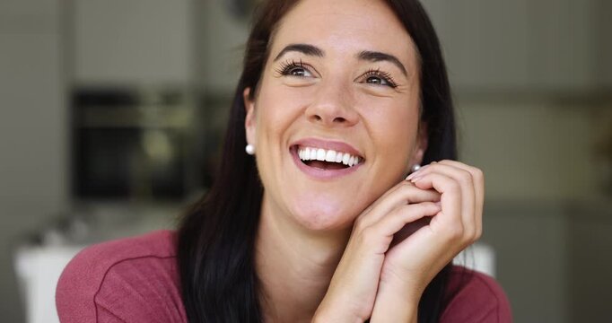 Close up view face of beautiful optimistic Hispanic woman having attractive appearance and white toothed smile, advertising professional dental clinic and whitening procedure services, home portrait