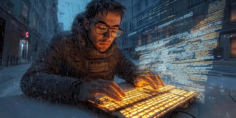 Futuristic Nighttime Coding in an Urban Setting - A Glimpse into Modern Technology