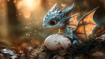 Obraz premium Delightful Scene of a Baby Dragon Hatchling Emerging From a Vibrant Egg Surrounded by a Mystical Forest - Perfect for Seasonal Fantasy Decor and Imaginative Art Collections Embracing