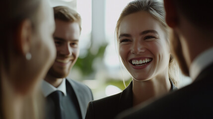 Fototapeta premium A group of business people mingling at a conference, laughing and having fun working together 