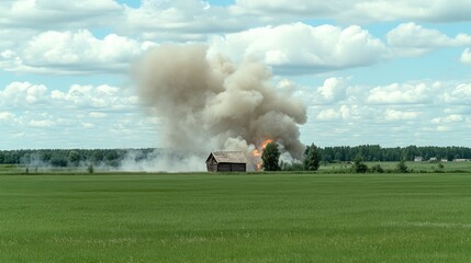 Flames burn brightly in the garden, sending smoke upwards as the sunlight illuminates the old wooden house and the lush surroundings