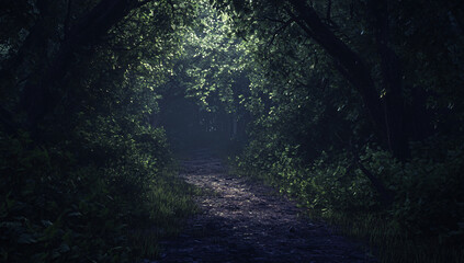 A dense forest and a forgotten path leading to a realm of secrets and mystery, perfect for exploration and adventure.