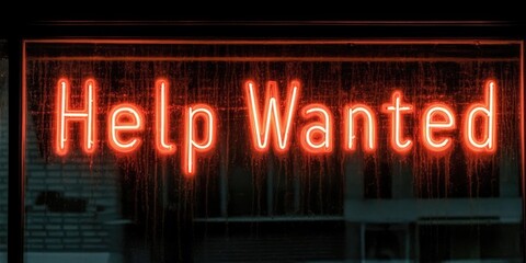 Illuminated 'Help Wanted' Neon Sign Displaying Job Vacancy in Urban Setting