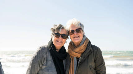 LGBTQ woman elders couple on a holiday, good vibes lifestyle, minimal photography with copy space
