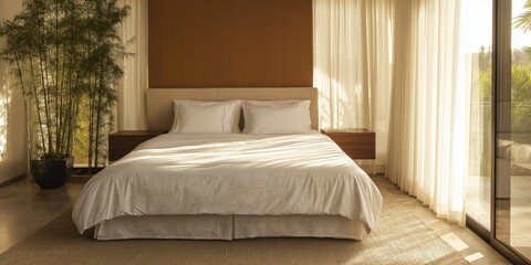 A large bed with white sheets and pillows is in a room with a window and a potted plant. The room has a clean and minimalist design, with a focus on the bed as the main focal point