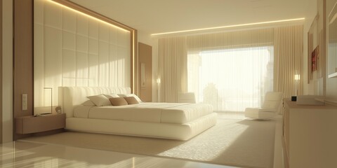A large white bedroom with a white bed, white curtains, and a white dresser. The room is bright and airy, with a large window letting in plenty of natural light