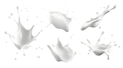 Set of white milk splashes isolated on transparent background