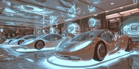 Naklejka premium Futuristic Concept Cars on Display in a High-Tech Garage Setting