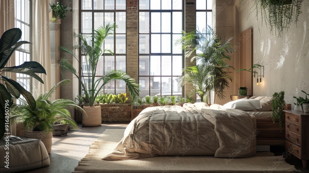 Wall mural Bedroom decor idea: cozy design with bed, potted plants, and big windows