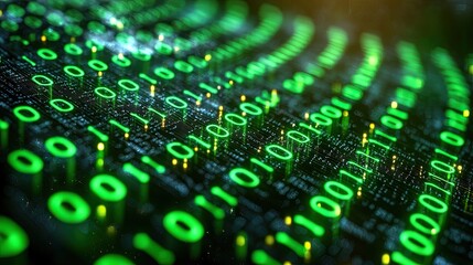 Digital binary code data streaming on a dark, greenish abstract background, reflecting the concept of technology 