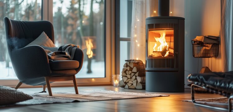 Modern log burner with fire, wood logs rack nearby, warm winter ambiance.
