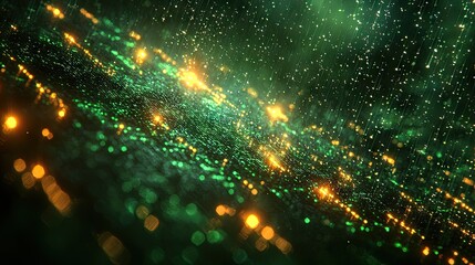 Digital binary code data streaming on a dark, greenish abstract background, reflecting the concept of technology 