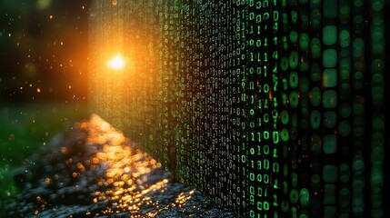 Digital binary code data streaming on a dark, greenish abstract background, reflecting the concept of technology 